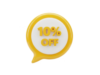 Bright yellow sale badge with 10% off text isolated on transparent background