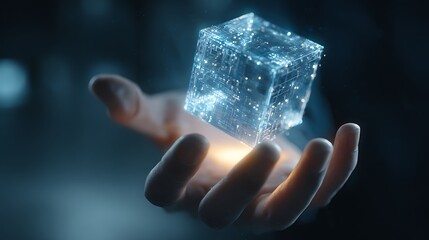A human hand holding a luminous, glowing data cube. Technological concept, digital