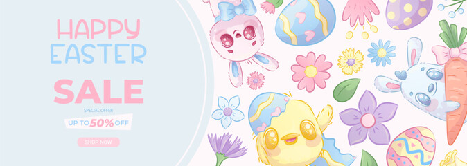 Fototapeta premium Horizontal promo banner for Easter. Easter bunnies, eggs, chickens, flowers. Spring discounts, sale. Vector illustration for posters, banners, advertisements, flyers