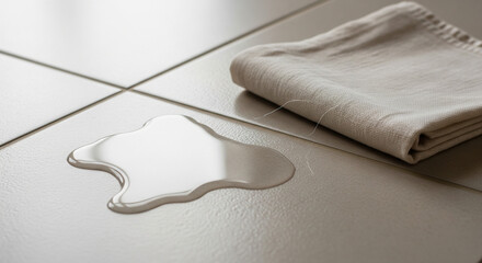 Water puddle on textured stone floor with white cloth
A spill of water on a rough gray stone or concrete surface with a white textured cleaning rag lying nearby