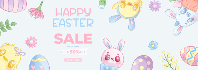 Horizontal promo banner for Easter. Easter bunnies, eggs, chickens, flowers. Spring discounts, sale. Vector illustration for posters, banners, advertisements, flyers