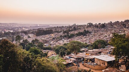 Obraz premium shantytown. Hillside shantytown with corrugated metal roofs in warm twilight. real-estate listings, architecture portfolios, designed for interior renovation comparisons for interiors.