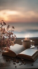 Obraz premium Open Book And Coffee Cup At Window With Sunset View