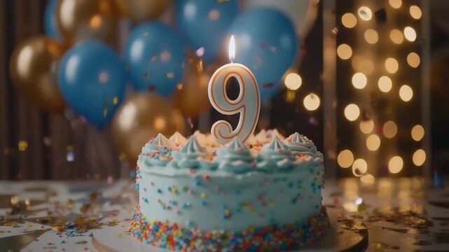 Festive birthday cake with number nine candle, colorful sprinkles, balloons, and warm lights, celebrating a second birthday or anniversary in a joyful party atmosphere.
