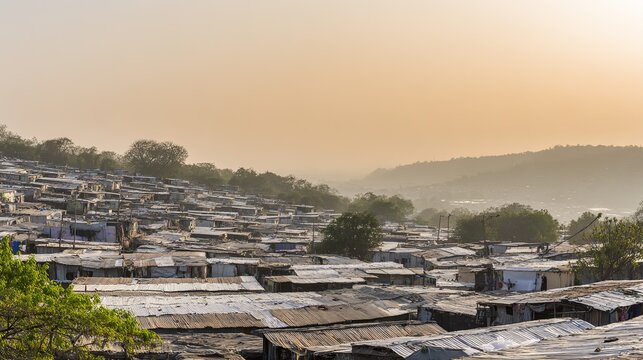 shantytown. Hillside shantytown with corrugated metal roofs in warm twilight. real-estate listings, architecture portfolios, designed for interior renovation comparisons for interiors.