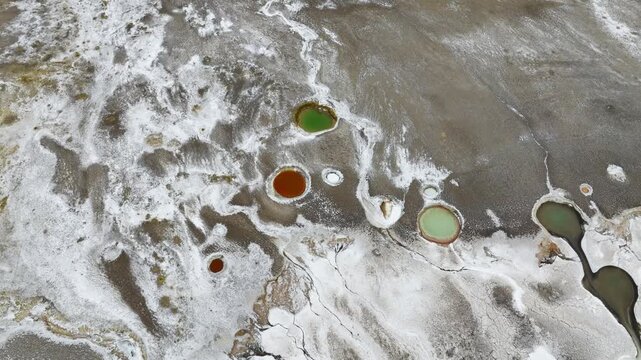 Aerial view of saline ponds in Salar de Antofalla, Argentina