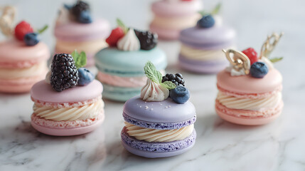 pastel macarons with cream and berries on marble table