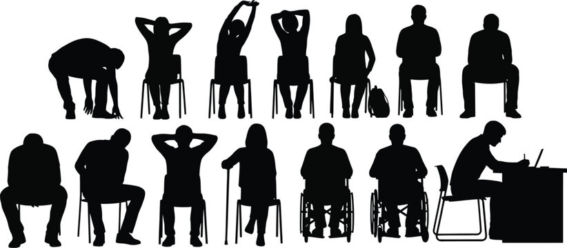 People in various sitting positions silhouette. Profile postures, such as slouching, leaning back with hands behind the head, stretching, and working on a desk. 