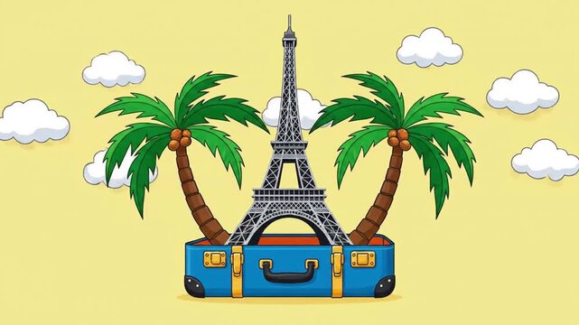 Eiffel Tower with Suitcase and Palm Trees on Yellow Background.
