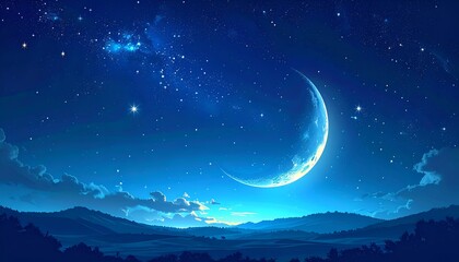 Pixel Art Crescent Moon and Stars Against a Deep Blue Sky Above Rolling Hills at Night