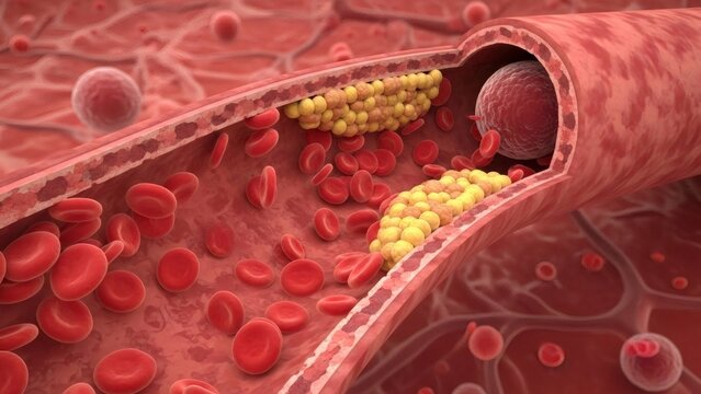 Cholesterol plaque obstructing blood flow in artery. Atherosclerosis and cardiovascular disease concept. Medical illustration for health education materials.