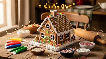 cozy rustic kitchen scene showing a beautifully decorated gingerbread house on a wooden table surrounded by colorful candy