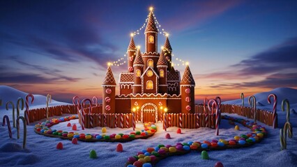 fantasy gingerbread castle with tall cinnamon stick towers, peppermint stick fences