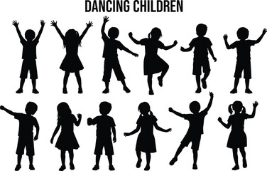 Obraz premium Dancing children silhouette set, flat vector illustration of happy boys and girls moving joyfully, kids activity collection, childhood fun and celebration concept design