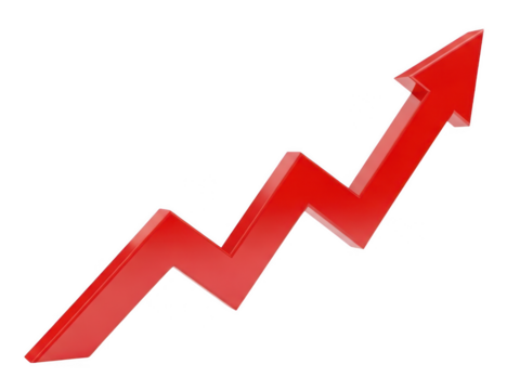 A vibrant red zigzag arrow rising against a white background isolated on transparent background - Powered by Adobe