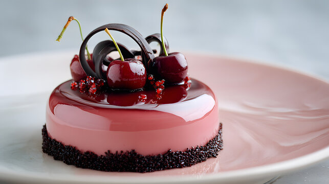 cherry mousse cake with chocolate curls and mirror glaze