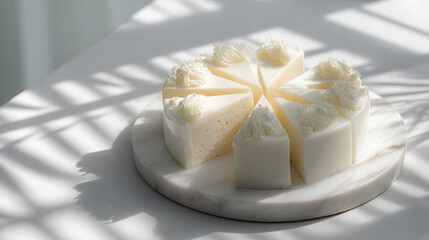 white milk cake with smooth glaze and whipped cream decoration