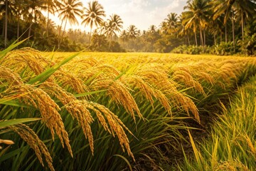 Fototapeta premium Golden rice swaying in lush tropical farm fields during autumn breeze ready for organic harvest