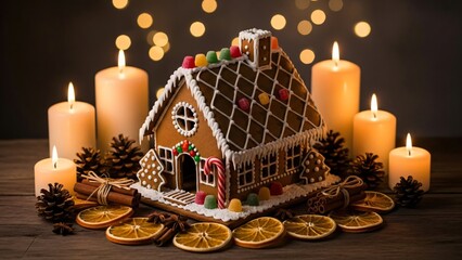 vintage style still life of a gingerbread house on rustic wooden surface surrounded by dried orange slices