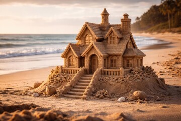 Sandcastle Artwork Depicting a House with Fine Details on a Calm Beach