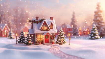 Fototapeta premium Colorful 3D Christmas house with New Years setting, Santas village, greeting card design, snow-covered trees, and wreath on red door, holiday decoration scene