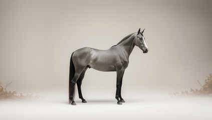 Isolated grey akhal-teke horse in a barren landscape, highlighting survival and adaptation, World Horse Day