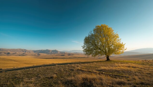 Single tree in a foothill plain serving as a background element for environmental or landscape layouts