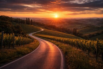Obraz premium Sunset atmosphere on rural hills covered with vineyards and a winding paved road