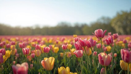 Bright pink and yellow tulips blooming in spring serve as a vibrant floral background for layout