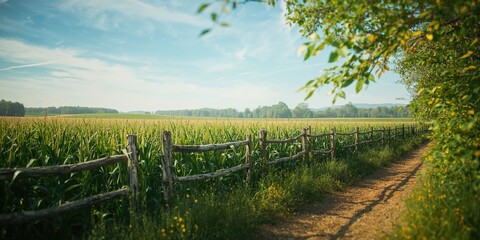 Fototapeta premium Farm landscape featuring a dirt path parallel to a fence and lush green trees during summer