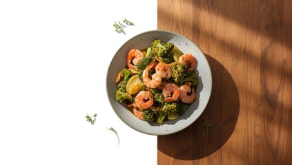 Overhead shot of broccoli and shrimp stir fry served in a ceramic bowl on a rustic wooden table, highlighting homemade meal preparation