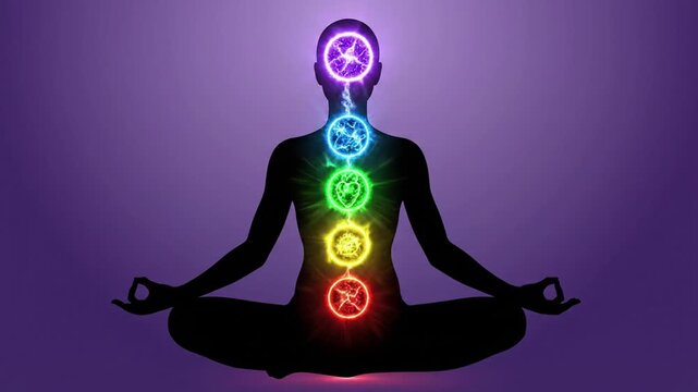 Silhouette of a person meditating with seven chakras aligned.