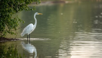 Fototapeta premium Great white heron standing among aquatic plants, highlighting wildlife preservation efforts