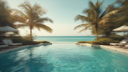 Naklejka na ściany i meble Faded view of a swimming pool and beach chairs in a high-end resort setting, useful as a layout backdrop for travel or hospitality content