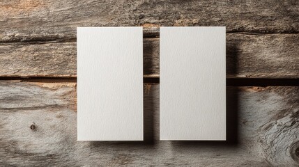 Closeup of two blank vertical business cards on a light wooden surface for modern corporate branding and professional marketing presentation