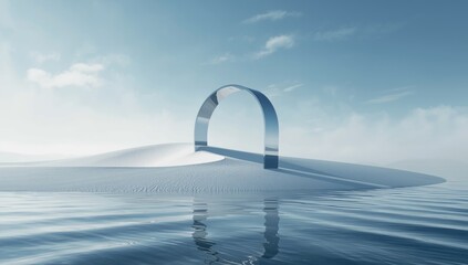 Snow-covered dunes featuring a reflective geometric arch, suitable as a background for creative layouts