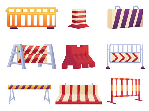 Road repair barriers. Stone metal and concrete barricades, street and traffic works equipment. Isolated cartoon no entry blocks, nowaday vector clipart
