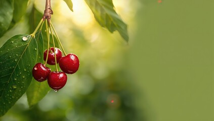 Cluster of mature cherries on a tree branch, suitable for fruit picking and seasonal harvest