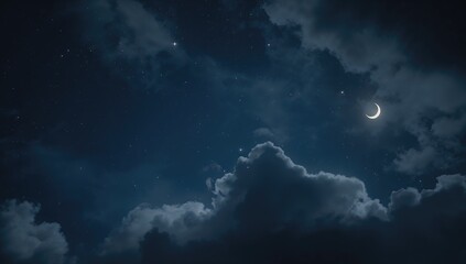Obraz premium Crescent moon and stars shining above puffy clouds, celestial illumination, seasonal change