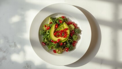 Fresh green salad featuring avocado slices, cucumber, and broccoli served on a white dish, suitable for nutritious eating