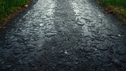 Bumpy wet asphalt on a street, serving as a background for layout or text placement in urban planning