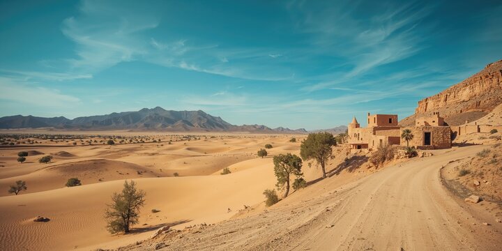 Arid terrain with expansive sky close to Matmata in southern Tunisia, highlighting erosion and desert adaptation