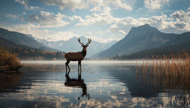 Autumn scene with a red deer stag overlooking a lake and mountain range, suitable for wildlife backgrounds