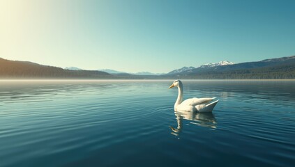 White duck swimming in a still lake, emphasizing tranquility for natural scenery backgrounds, World Environment Day