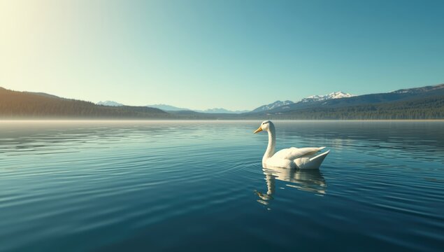 White duck swimming in a still lake, emphasizing tranquility for natural scenery backgrounds, World Environment Day