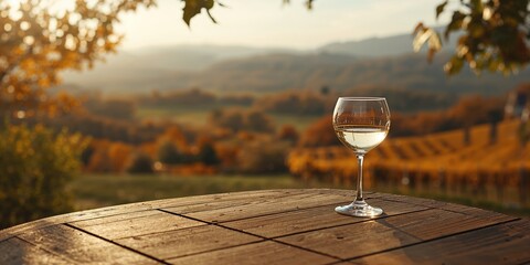 Obraz premium Wine glass resting on a surface with a scenic landscape, used for editorial header backgrounds or UI backdrops