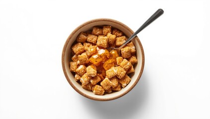 Bowl of cereal bran sticks drizzled with honey, highlighting fiber-rich breakfast options, National Breakfast Month