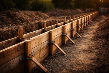 Timber formwork used in constructing solid wall or fence foundations with side view and blank space