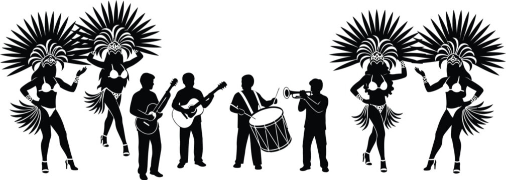Carnival samba dancers and musicians. Carnival show girls dancers silhouette. Brazilian Carnival parade scene with drummers, Brazilian samba dancer vector 