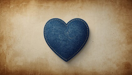 Fototapeta premium Heart-shaped denim piece placed on rustic wood surface, showcasing fabric craftsmanship and design detail